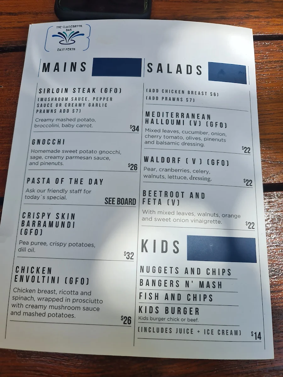 Menu, The Claisebrook Bar
