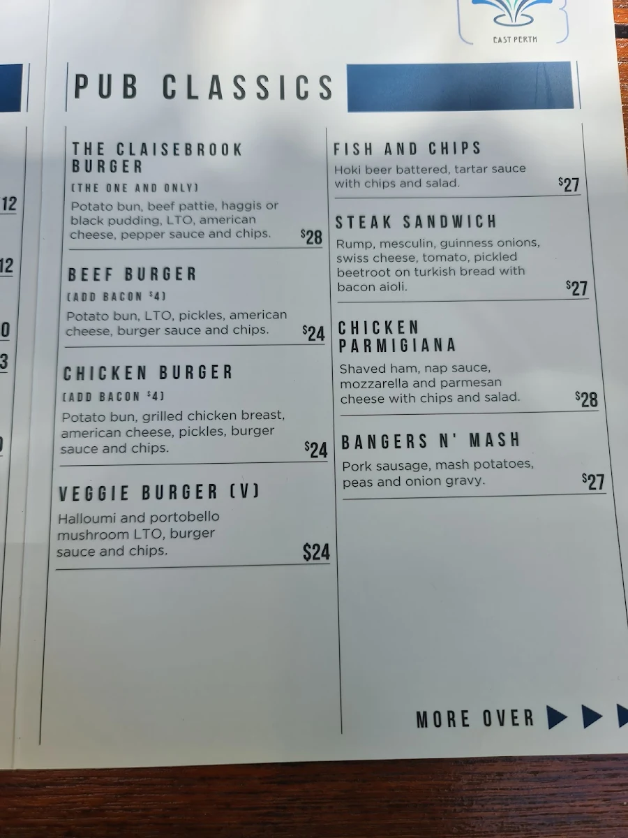 Menu, The Claisebrook Bar