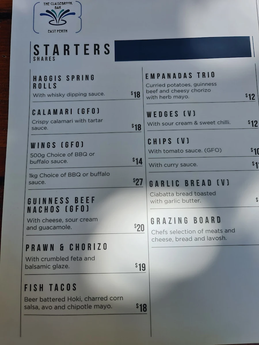 Menu, The Claisebrook Bar