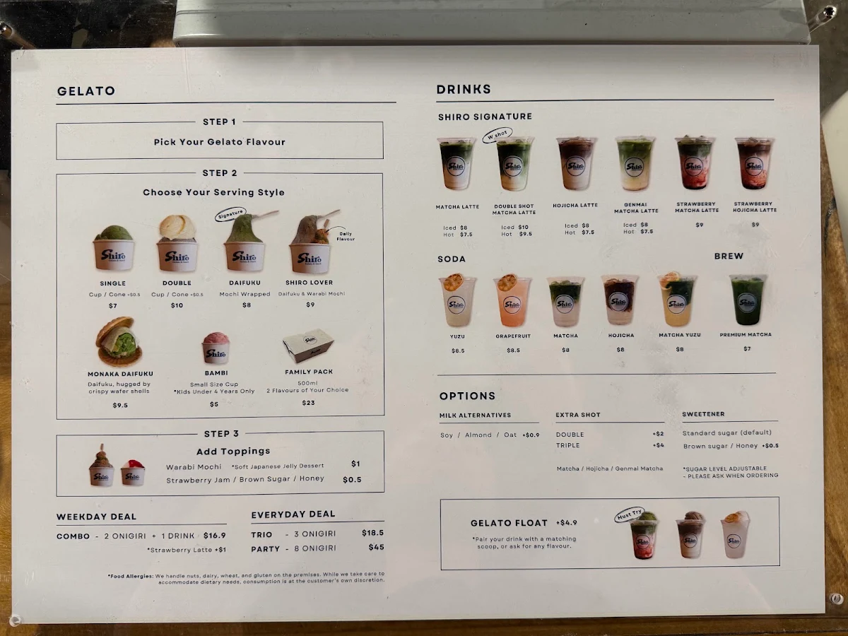 Menu, Shiro Gelato & Snack @Southport, Gold Coast