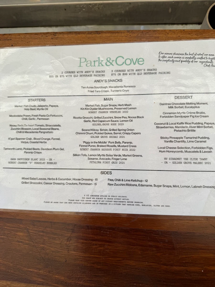 Menu, Park & Cove