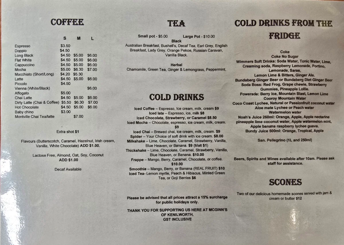 Menu, McGinn's of Kenilworth