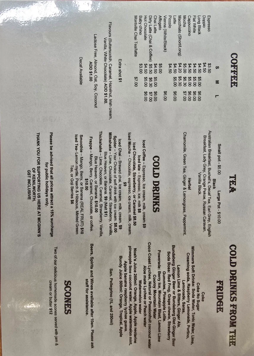 Menu, McGinn's of Kenilworth