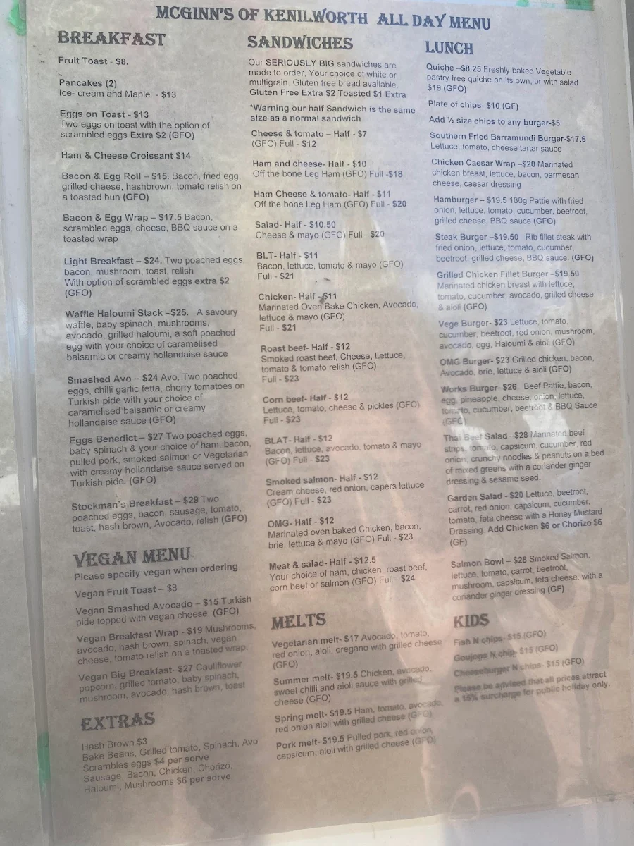 Menu, McGinn's of Kenilworth
