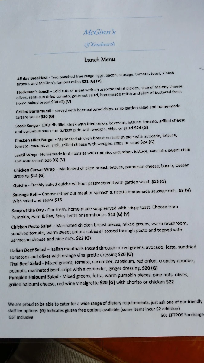 Menu, McGinn's of Kenilworth