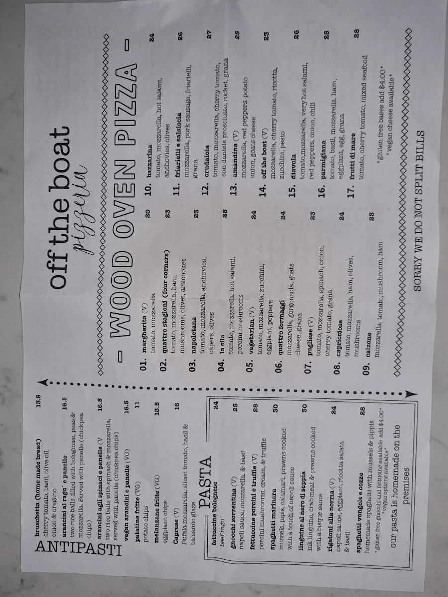 Menu, Off the Boat Pizzeria