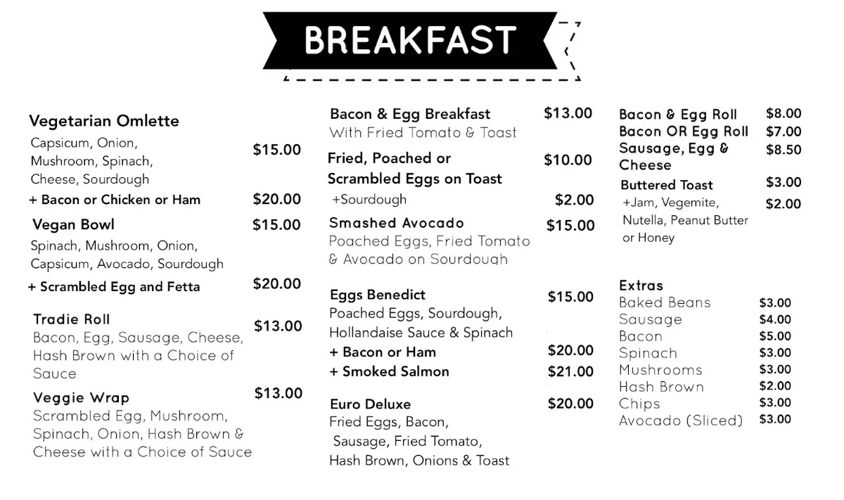 Menu, Euro Cafe On Riverside