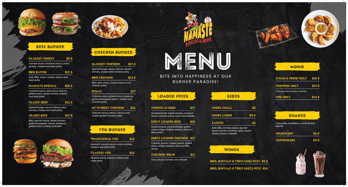 Menu, Namaste Burgers & Momo