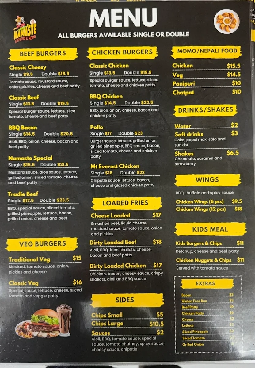 Menu, Namaste Burgers & Momo