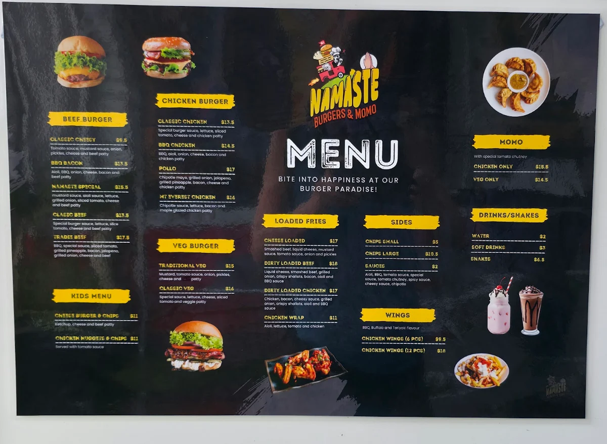 Menu, Namaste Burgers & Momo