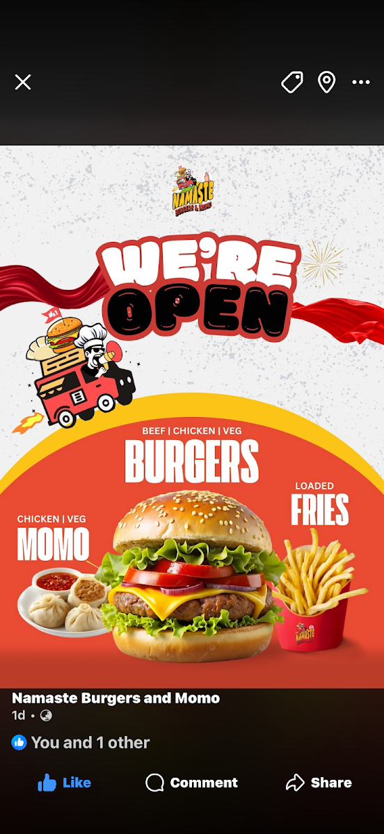 Menu, Namaste Burgers & Momo