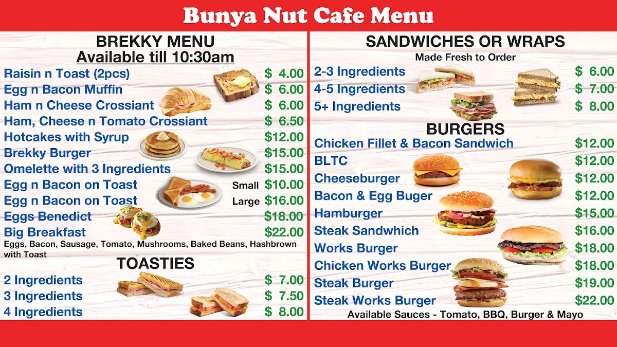Menu, Bunya Nut Cafe