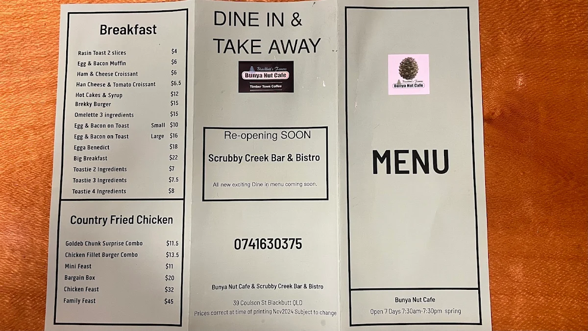 Menu, Bunya Nut Cafe