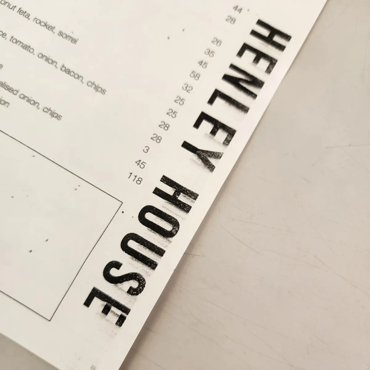 Menu, Henley House