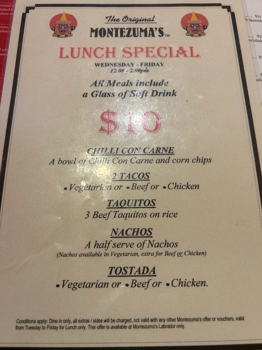 Menu, Montezuma's Mexican Restaurant & Bar - Labrador