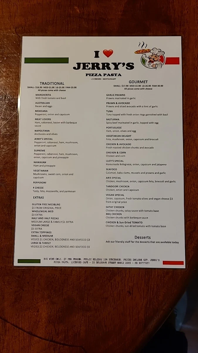Menu, Jerry's Famous Pizza