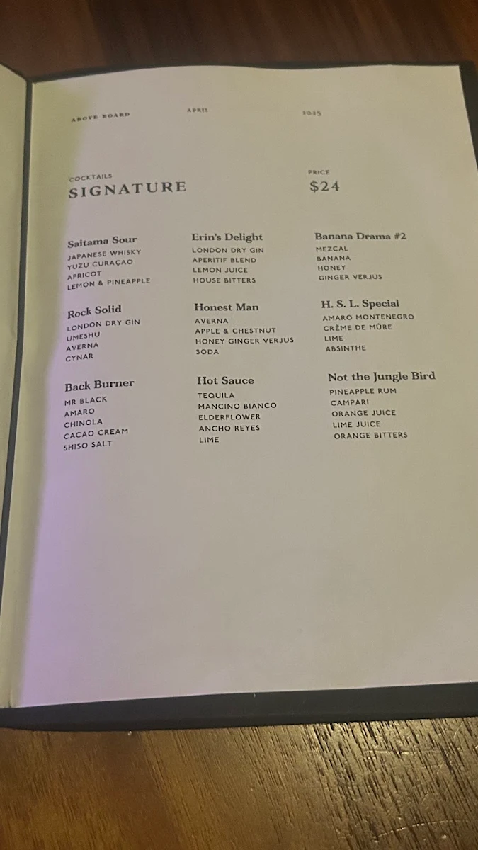 Menu, Above Board
