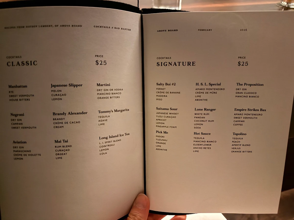 Menu, Above Board