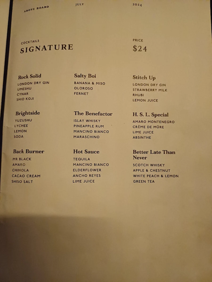 Menu, Above Board