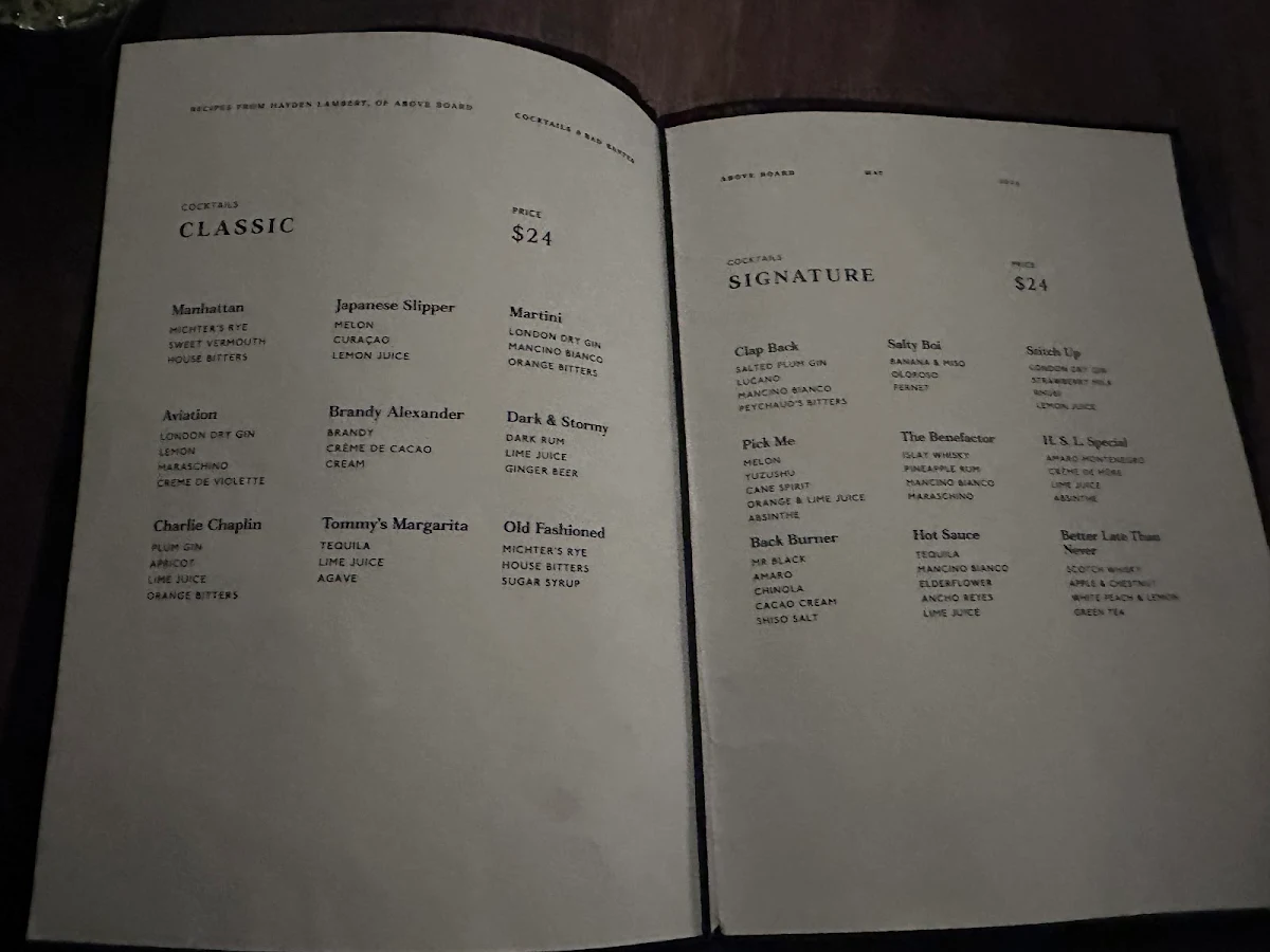 Menu, Above Board