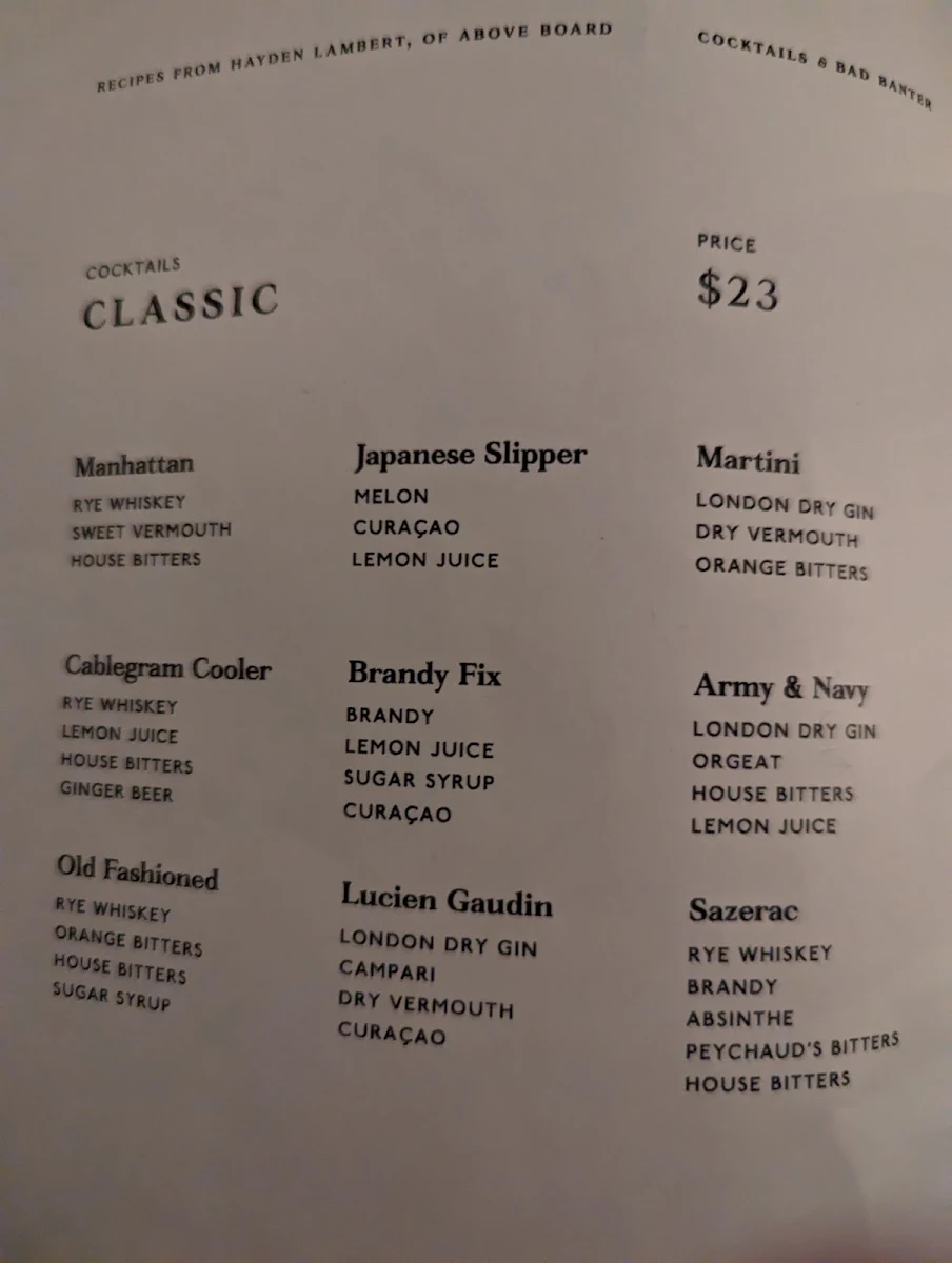 Menu, Above Board