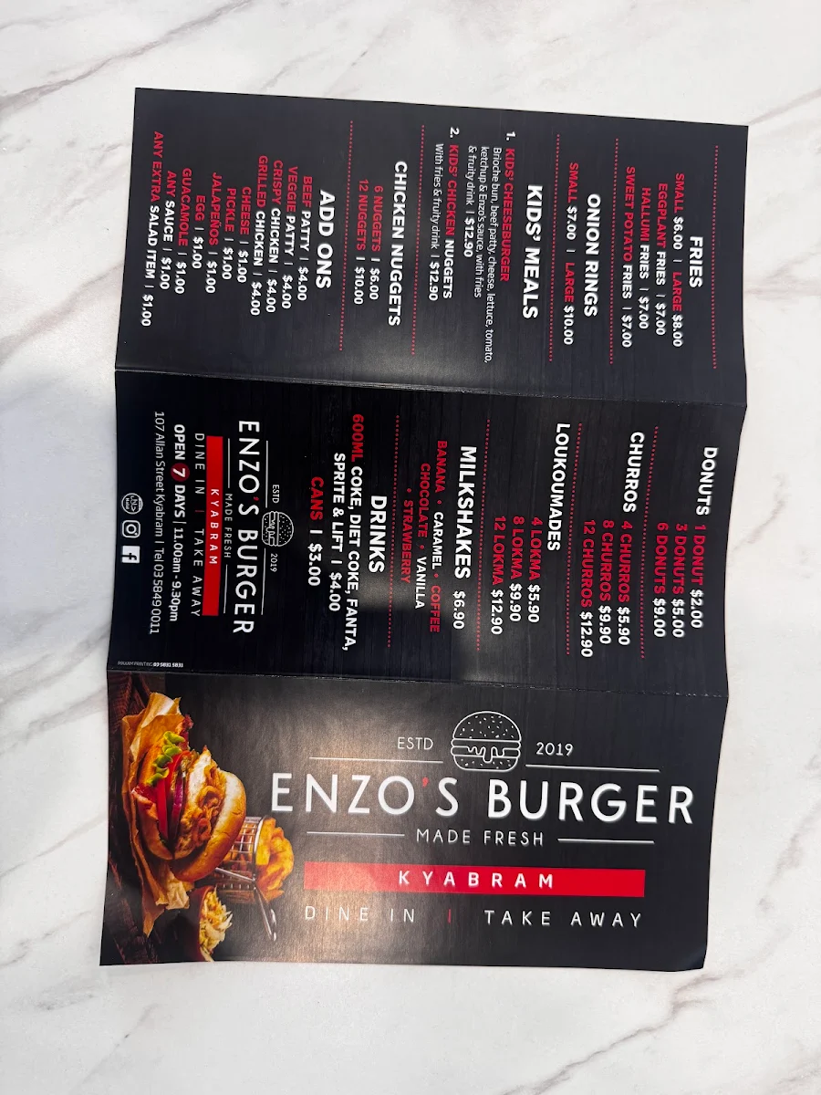 Menu, Enzos burger kyabram
