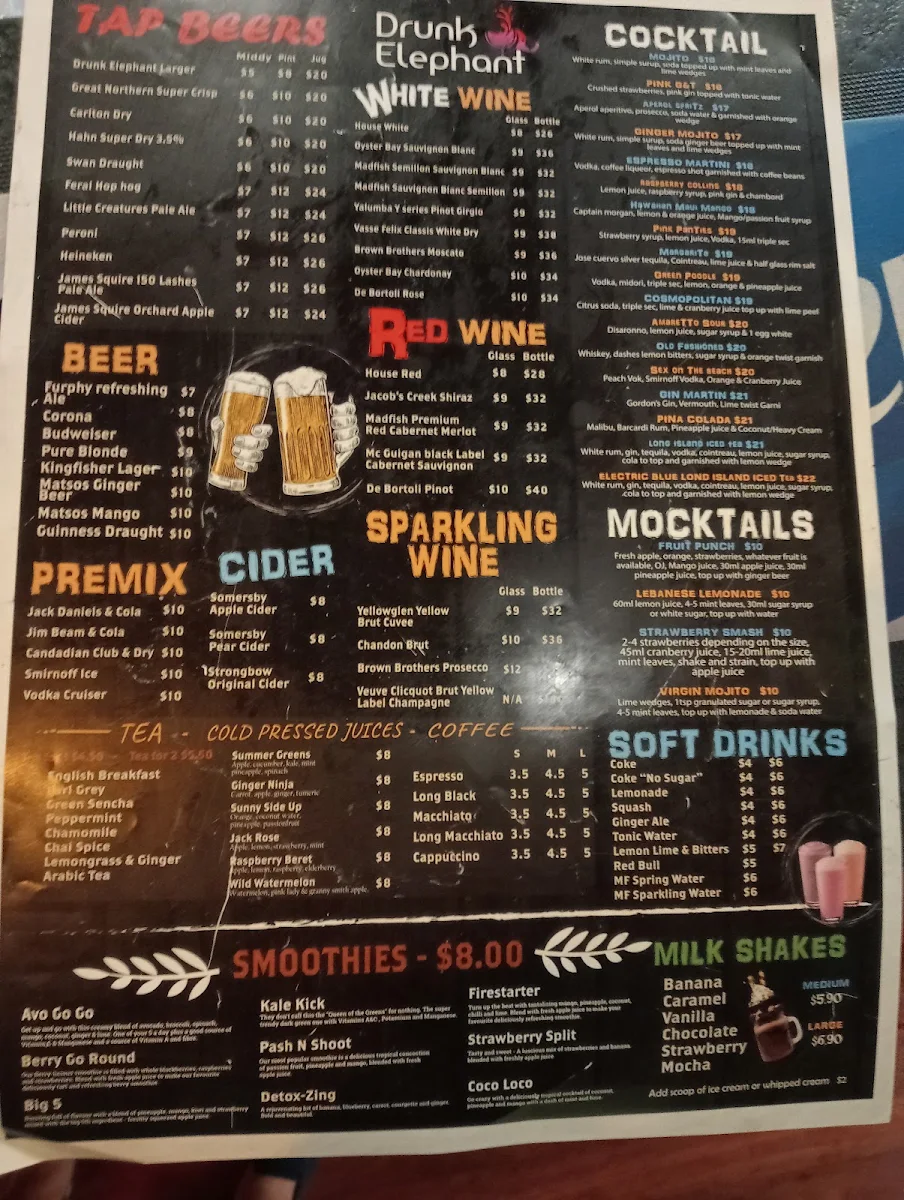 Menu, Drunk Elephant Bar, Bistro & Shisha