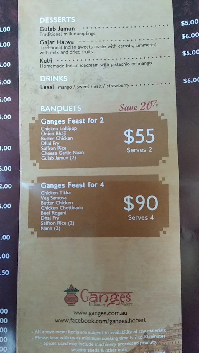Menu, Ganges Indian by Nature