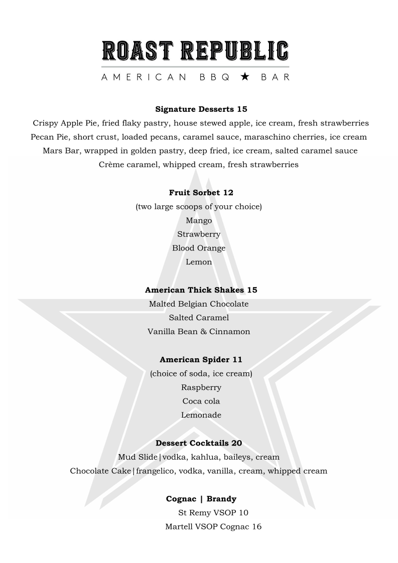 Menu, Roast Republic