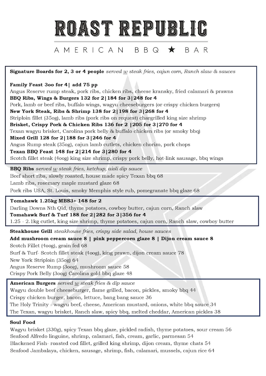 Menu, Roast Republic