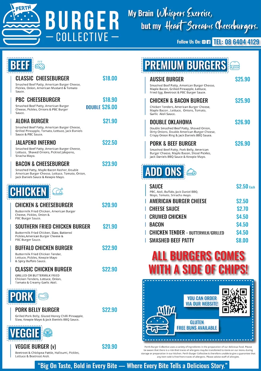 Menu, Perth Burger Collective (PBC)