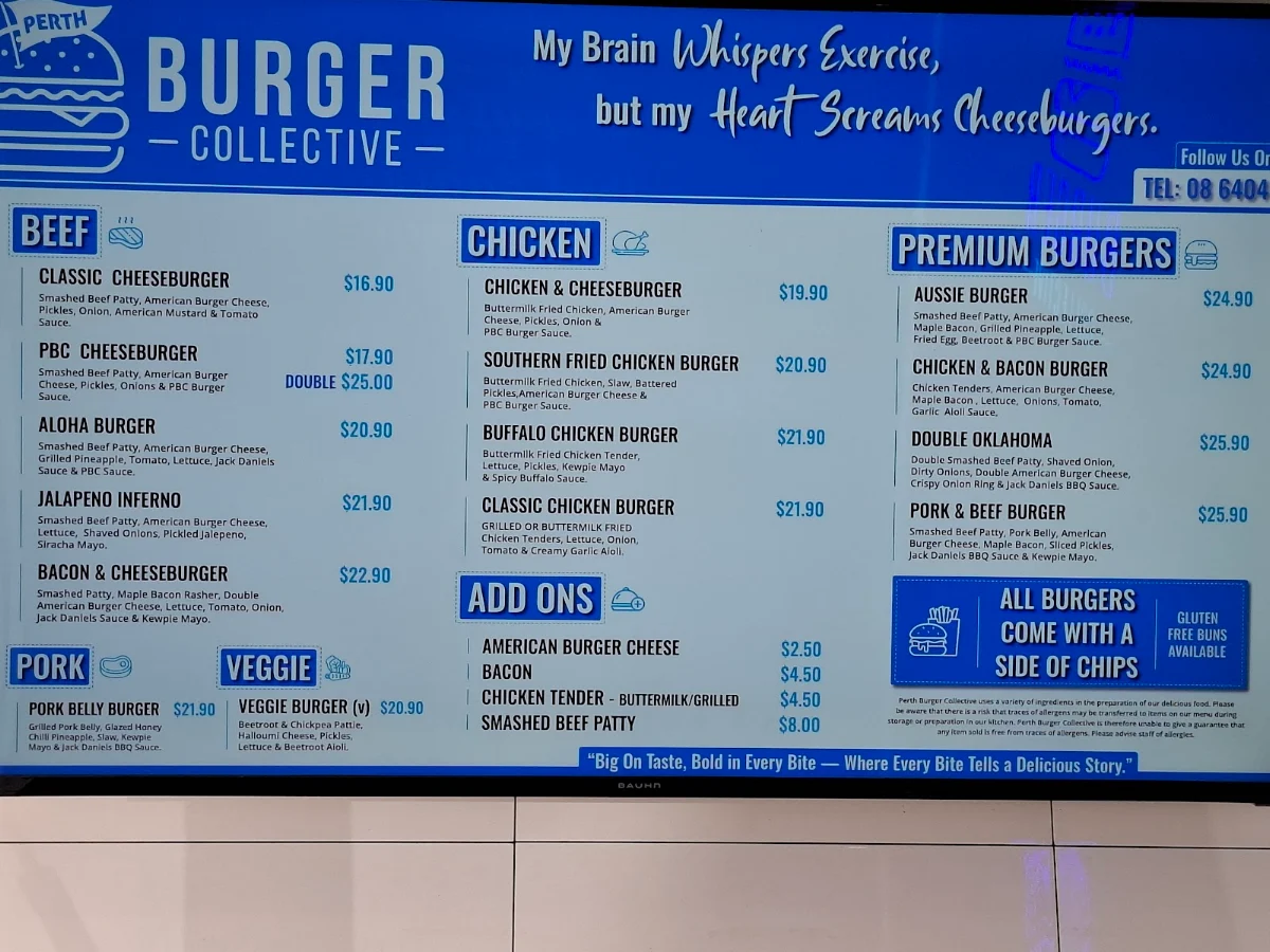 Menu, Perth Burger Collective (PBC)
