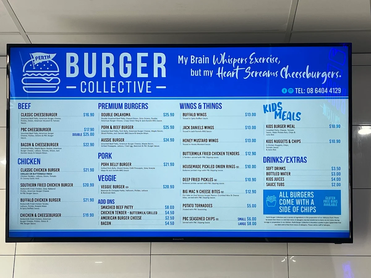 Menu, Perth Burger Collective (PBC)