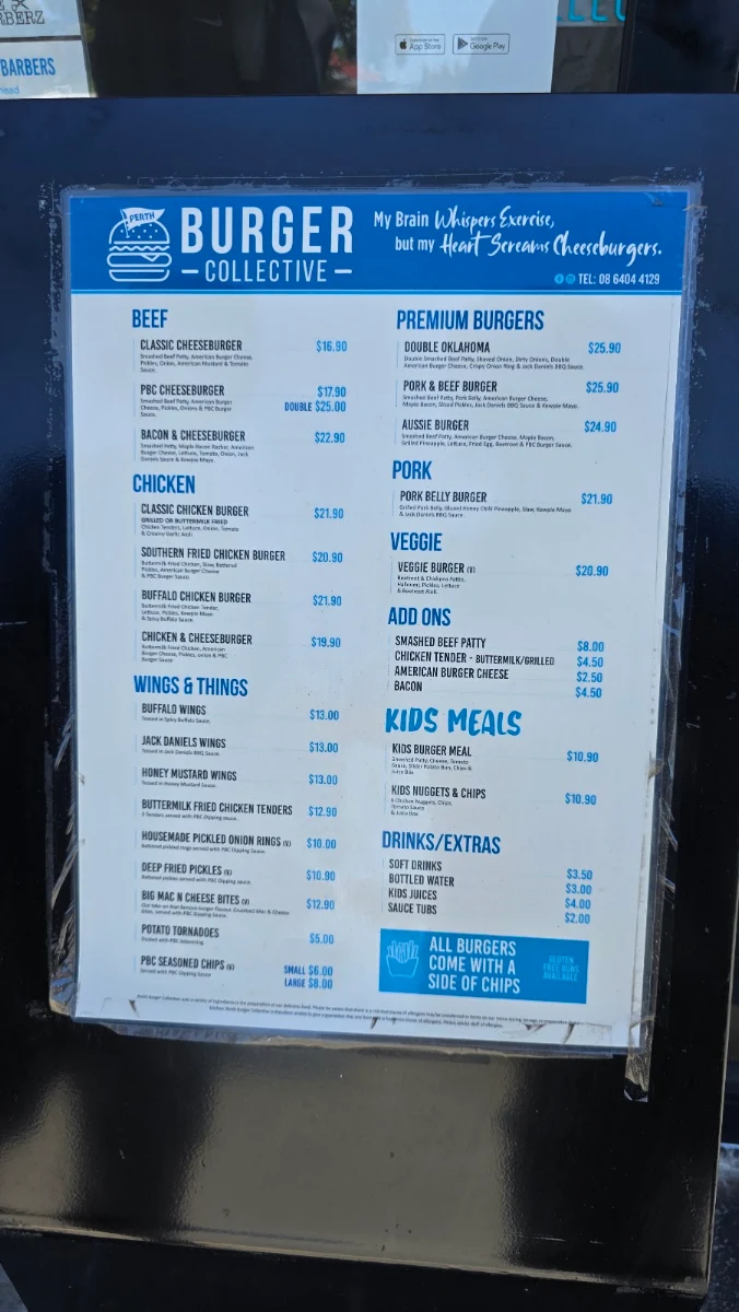 Menu, Perth Burger Collective (PBC)