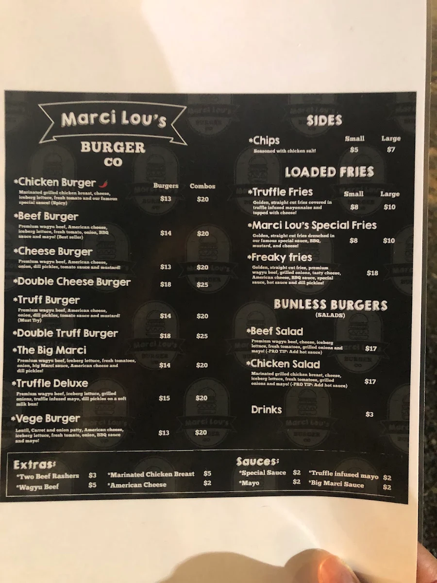 Menu, Marci Lou's Burger Co - Cabramatta