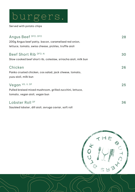 Menu, The Butcher's Block