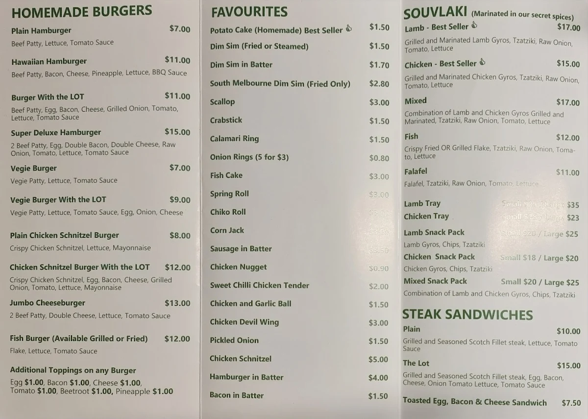 Menu, Captains of Emerald