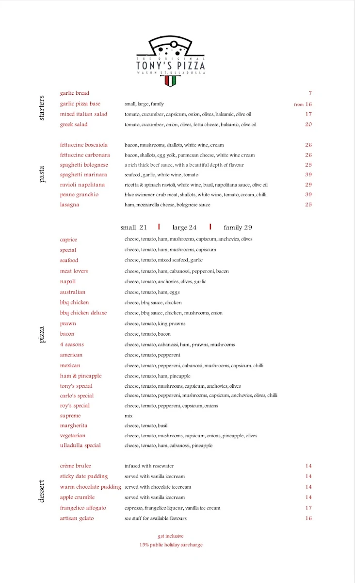 Menu, Tony’s Pizza “the original” since 1970