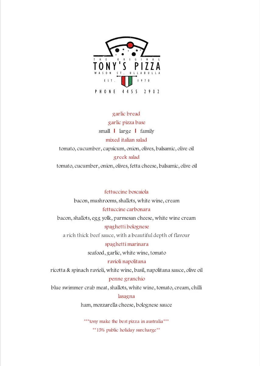 Menu, Tony’s Pizza “the original” since 1970