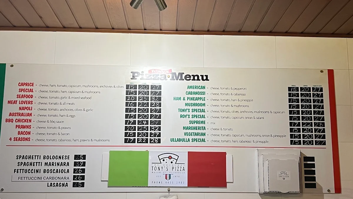 Menu, Tony’s Pizza “the original” since 1970