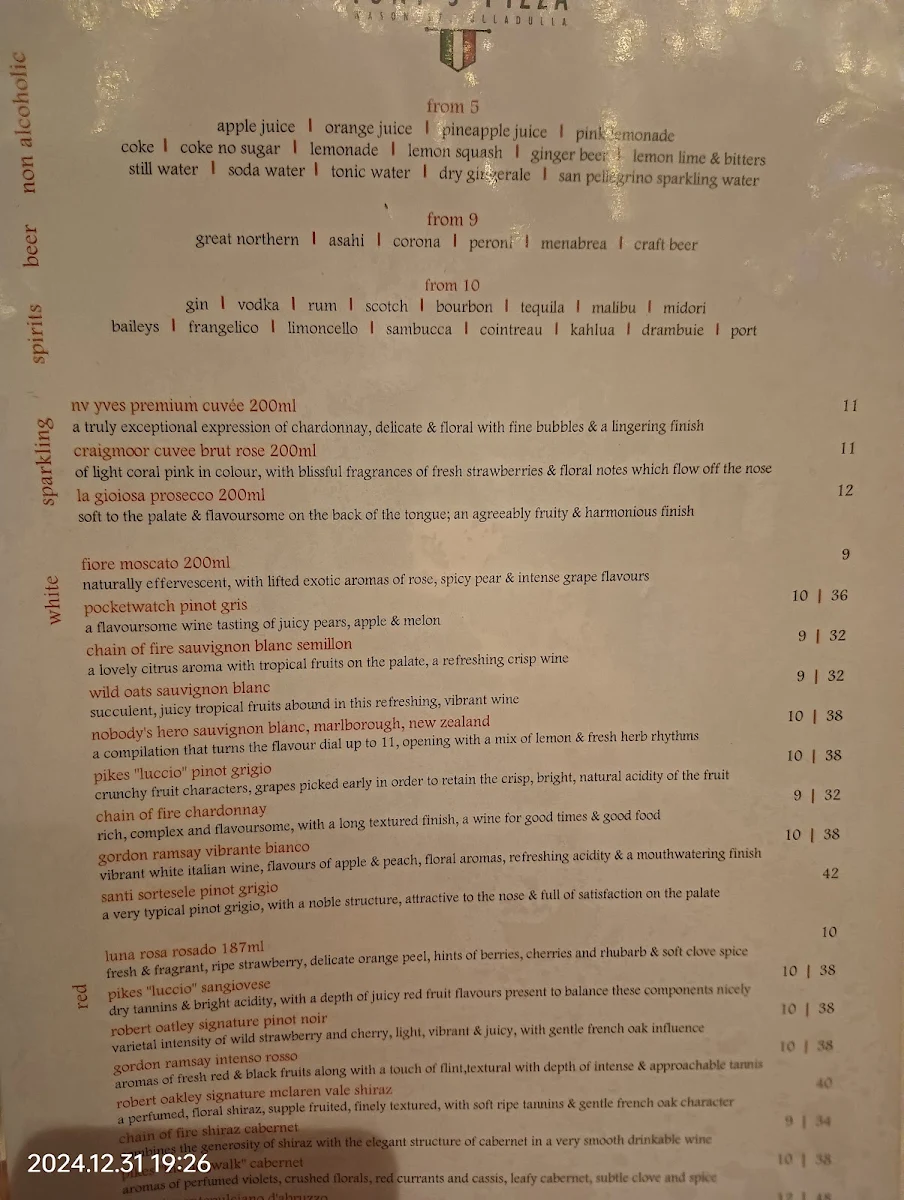 Menu, Tony’s Pizza “the original” since 1970