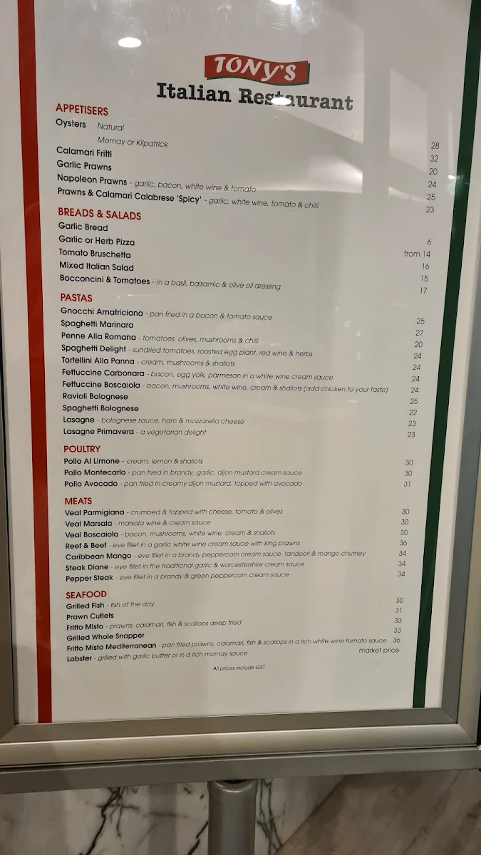 Menu, Tony’s Pizza “the original” since 1970