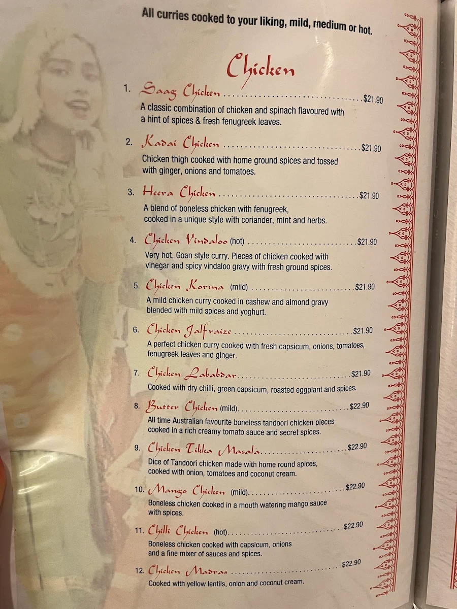 Menu, Aromas of India restaurant