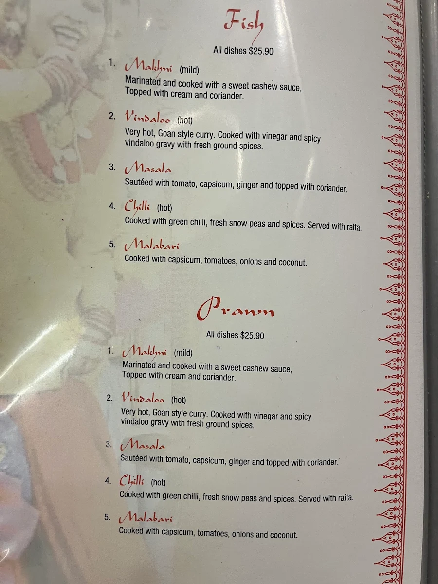 Menu, Aromas of India restaurant