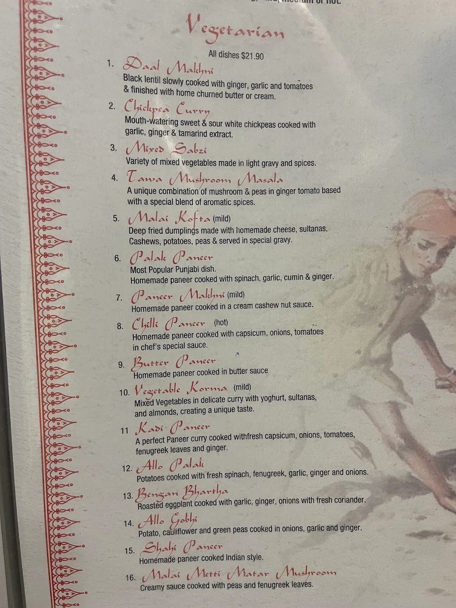 Menu, Aromas of India restaurant