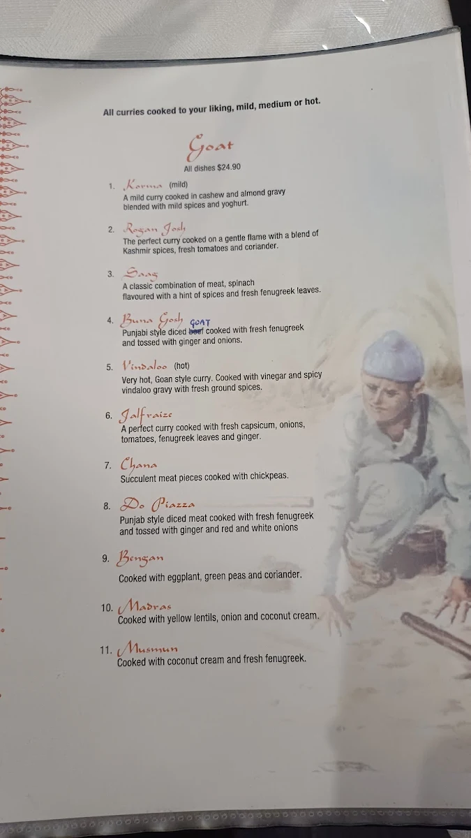 Menu, Aromas of India restaurant