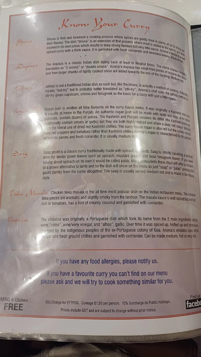 Menu, Aromas of India restaurant