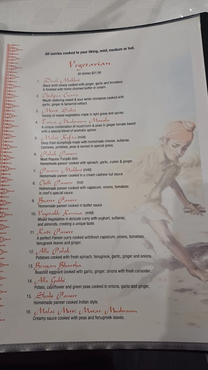 Menu, Aromas of India restaurant