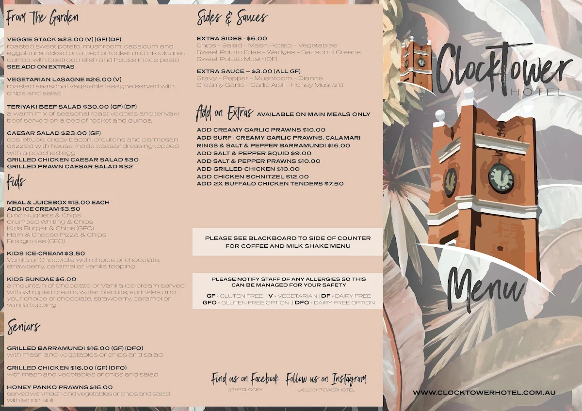 Menu, Clocktower Hotel