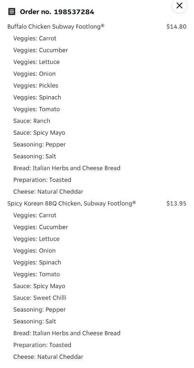 Menu, Subway